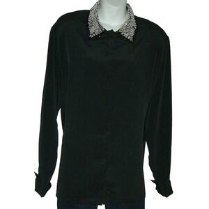 Vintage 80's Black Blouse Mob Wife egirl ALT Business Goth Pearl Collar Classic